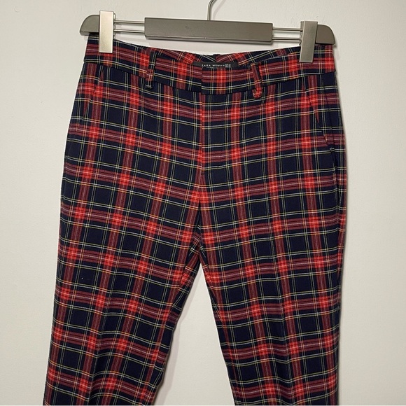 Zara Women's red navy tartan holiday straight leg trouser pants in size US 4 - Picture 2 of 8